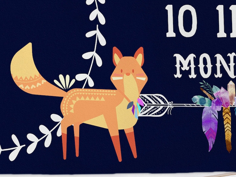 Ethnic Milestone Blanket Monthly Growth Fox Photo Prop Personalized Newborn Shower Gift Tribal Boho Baby Boy Blue Blanket With Months
