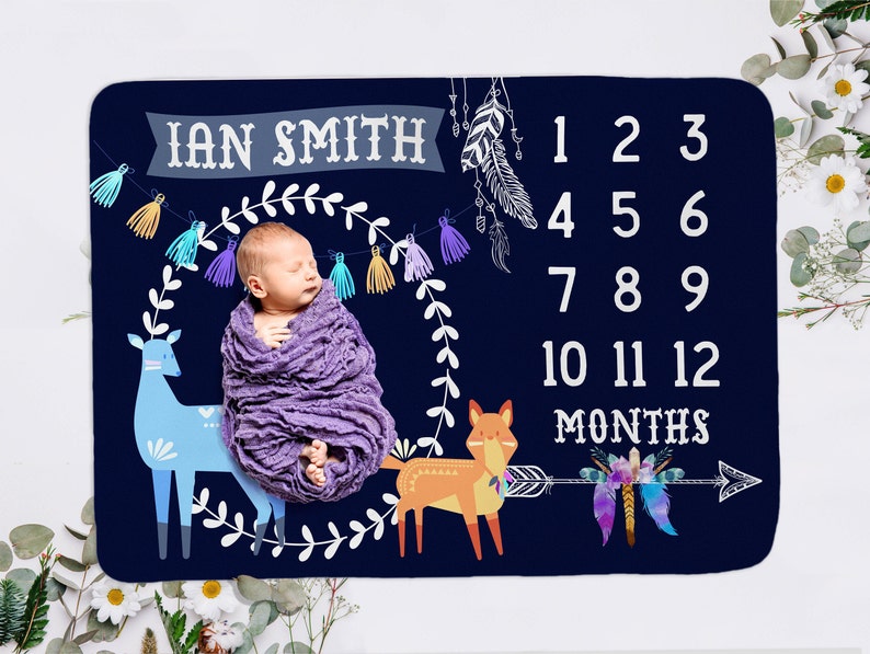 Ethnic Milestone Blanket Monthly Growth Fox Photo Prop Personalized Newborn Shower Gift Tribal Boho Baby Boy Blue Blanket With Months