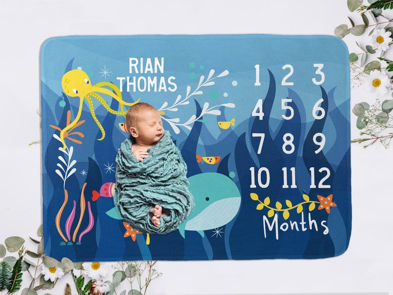 Sea Life Milestone Blanket Baby Boy Month Blanket With Etsy New Zealand