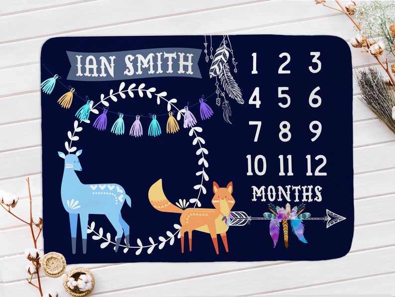 Ethnic Milestone Blanket Monthly Growth Fox Photo Prop Personalized Newborn Shower Gift Tribal Boho Baby Boy Blue Blanket With Months