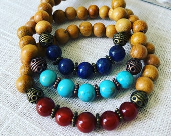 Power Trio Wisdom, Ambition, Strength Gemstone & Sandalwood Bracelet Set