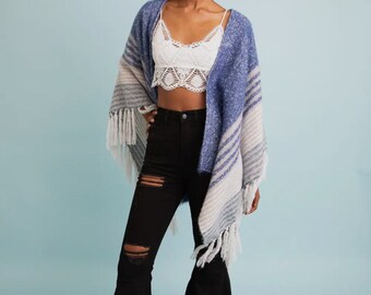 Super Soft Blue & White Striped Ruana Wrap