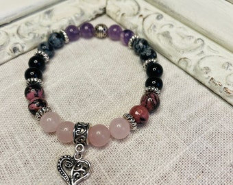 Grief & Loss Healing Gemstone Stretch Bracelet | Choose Charm | Sympathy Bereavement Mourning Gift