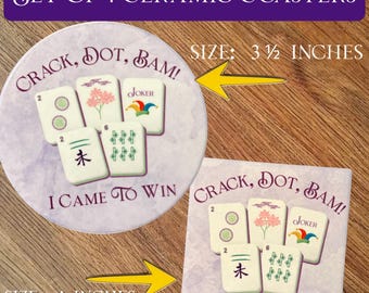 Mahjong Ceramic Coasters - Game Night Drink Coasters, Set of 4