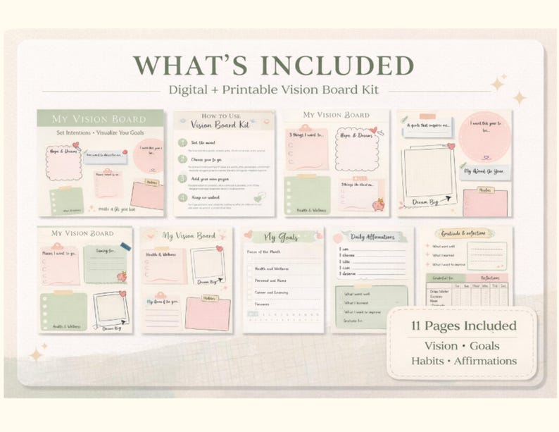11 Page Vision Board Printable Kit and Goodnotes | Stylish & Effective ...