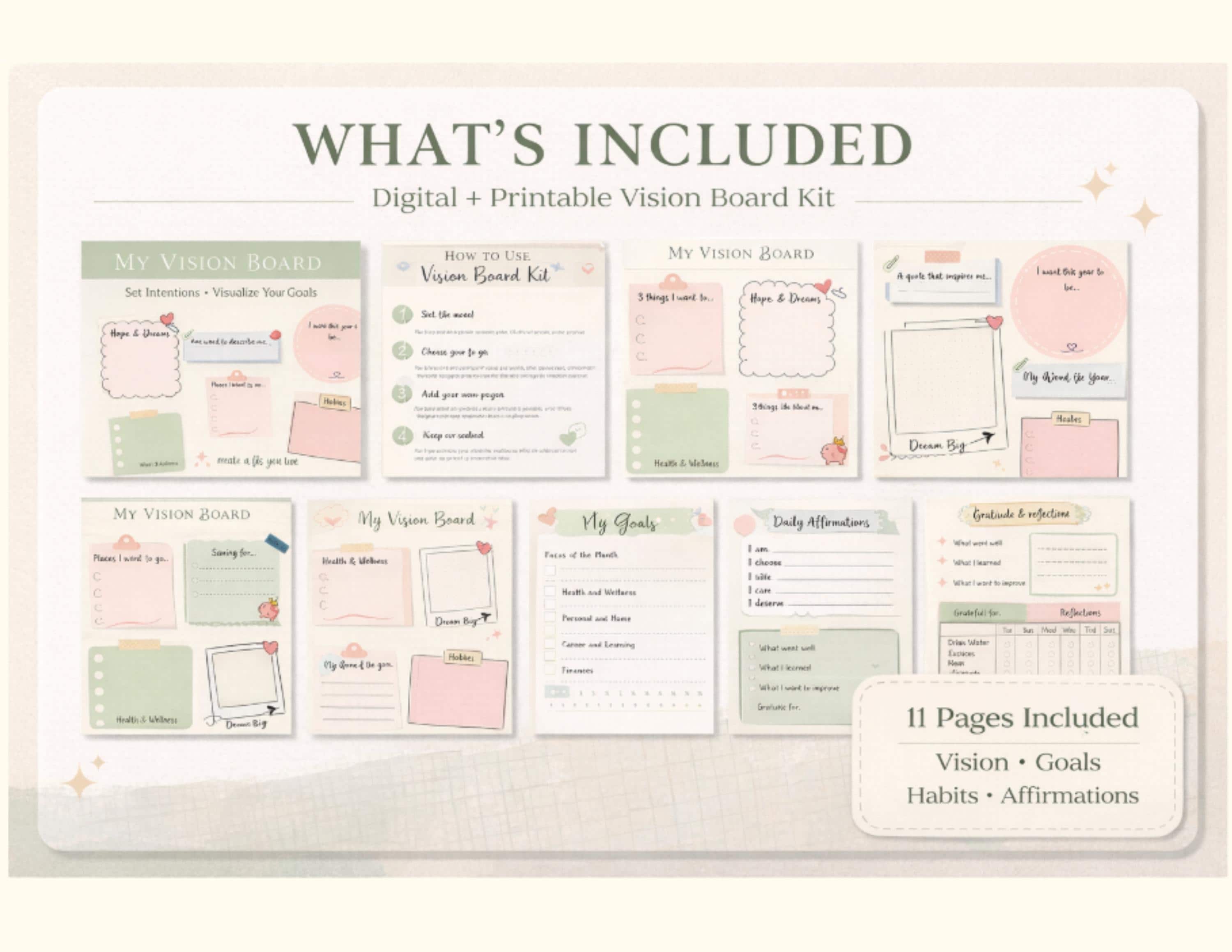 11 Page Vision Board Printable Kit and Goodnotes | Stylish & Effective ...