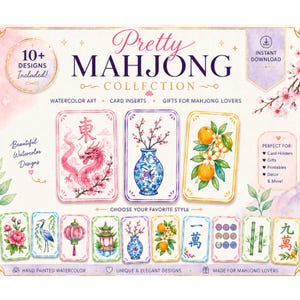 May include: A collection of watercolor Mahjong card inserts with various designs, including a pink dragon, a blue vase with flowers, and oranges. The text includes "Pretty Mahjong Collection" and "Instant Download."