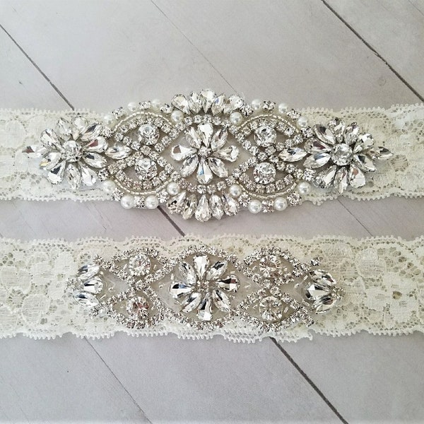 Wedding garter, Bridal Garter Set - Crystal Wedding Garter Set