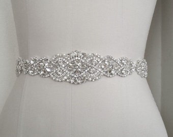 28 1/2" Wedding Belt, Bridal Sash Belt - SILVER CLEAR Crystal Pearl Wedding Sash Belt = 28 1/2 inch long beaded part