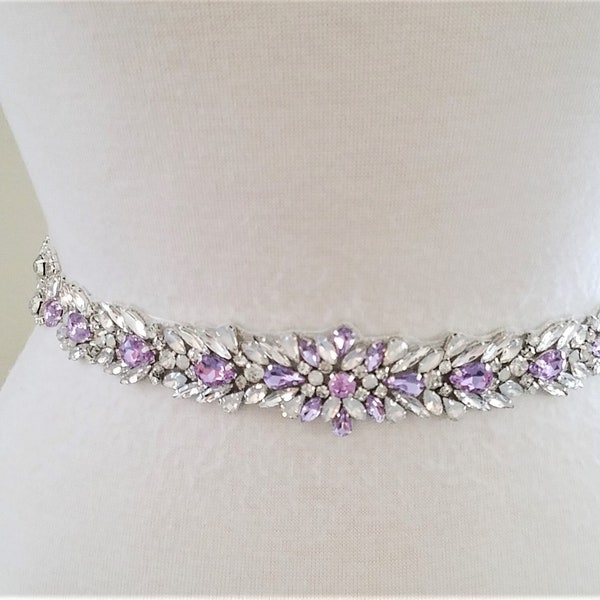 16" long Jeweled Part Wedding Belt, Wedding Bridal Sash Belt - Silver Clear Light Purple Crystal Opal Wedding Sash Belt