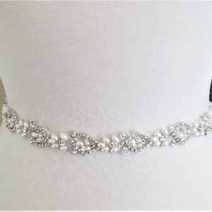 21 1/2" beaded part Wedding Bridal Sash Belt - SILVER Clear Rhinestone Off White Pearl Wedding Sash Belt = 21 1/2" beaded part