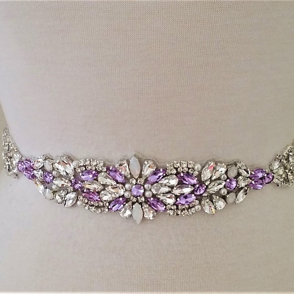 22" long Wedding Sash Belt, Bridal Sash Belt -  LIGHT PURPLE Opal Clear Crystal Pearl  Wedding Sash Belt = 22 inch long trim