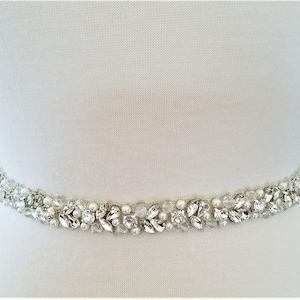Crystal Pearl Wedding Belt: Silver Bridal Sash, 18&quot; Beaded Applique