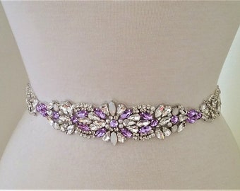 22" long Wedding Sash Belt, Bridal Sash Belt -  LIGHT PURPLE Opal Clear Crystal Pearl  Wedding Sash Belt = 22 inch long trim