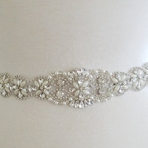 26" long Jeweled Part, Wedding Belt, Bridal Sash Belt - SILVER Clear Crystal Pearl Wedding Sash Belt = 26 inch long trim