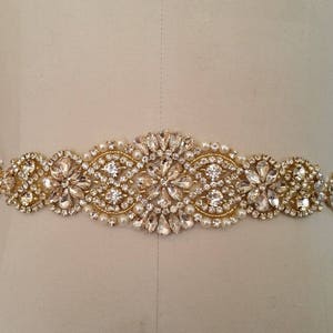 Wedding Belt, Bridal Sash Belt - GOLD CLEAR Crystal Pearl Wedding Sash Belt = 14 1/2" Jeweled part Sash Belt