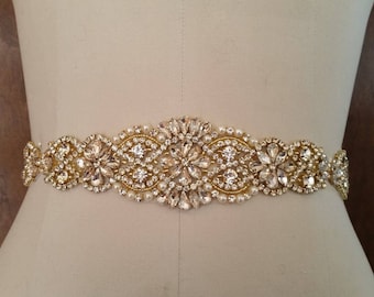 Wedding Belt, Bridal Sash Belt - GOLD CLEAR Crystal Pearl Wedding Sash Belt = 14 1/2" Jeweled part Sash Belt