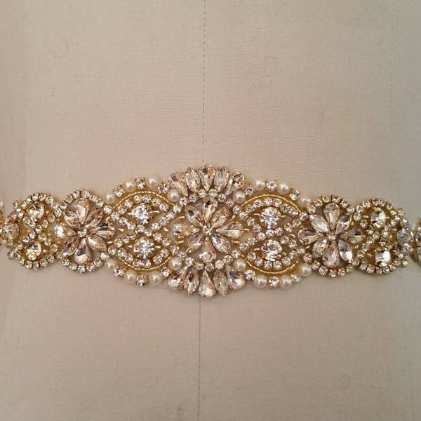 Wedding Belt, Bridal Sash Belt - GOLD CLEAR Crystal Pearl Wedding Sash Belt = 14 1/2" Jeweled part Sash Belt