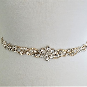 22 1/2" Jeweled, GOLD CLEAR Stone Pearl Wedding Sash Belt