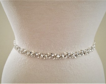 Crystal Pearl Wedding Belt: Thin Silver Clear Stone Off White Pearl (18" Embellishment)