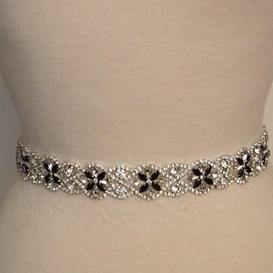 20" Jeweled Wedding Belt: Silver Crystal & Black Stone Bridal Sash