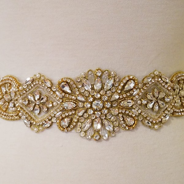 24" Jeweled Part, Wedding Belt, Bridal Sash Belt - GOLD Clear Crystal Pearl Wedding Sash Belt