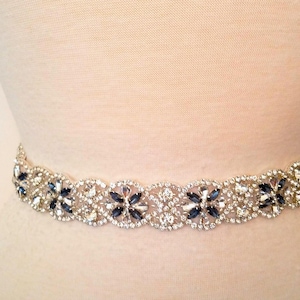 20" Jeweled Wedding Belt, Bridal Sash with Clear and Navy Stones