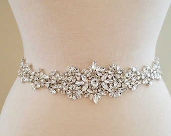 Silver Clear Stone Bridal Sash Belt: Silver Clear Stone Jeweled Wedding Dress Belt, 24&quot; Trim
