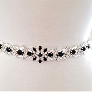 Wedding Belt, Wedding Bridal Sash Belt - Silver Lucky BLACK Clear crystal Opal Wedding Sash Belt