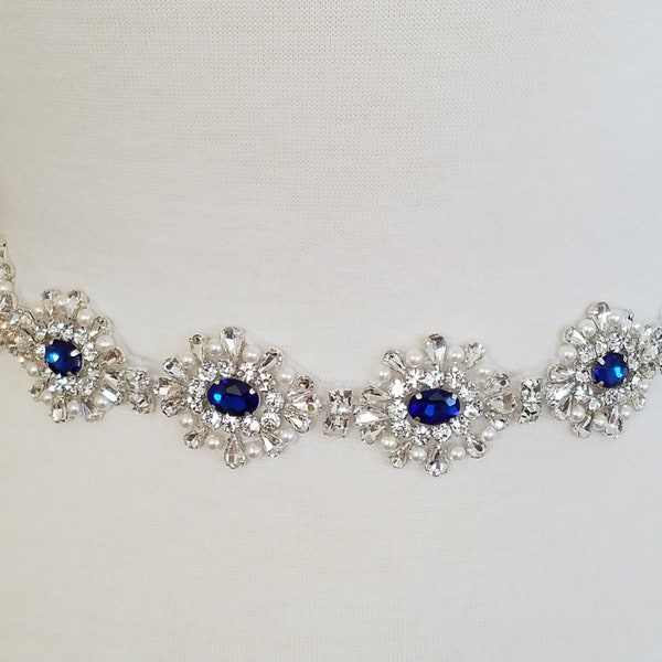 Wedding Belt, Bridal Sash Belt - Silver Clear Crystal LUCKY BLUE Pearl Wedding Sash Belt