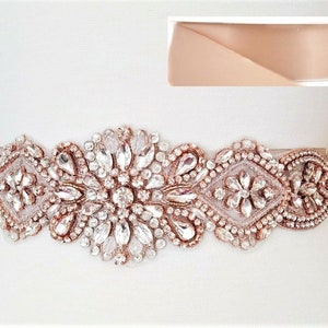 Rose Gold Clear Stone Pearl Wedding Sash Belt - Jeweled Bridal Belt (24" Embellishment)