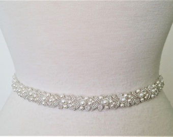 Wedding Bridal Sash Belt - Silver Clear stone Bugle Beads Off White Pearls Wedding Sash Belt = 18" beaded part