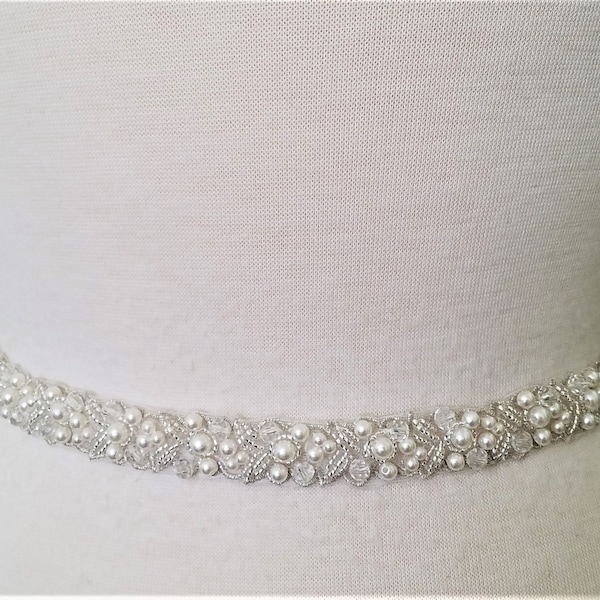 Wedding Bridal Sash Belt - Silver Clear stone Bugle Beads Off White Pearls Wedding Sash Belt = 18" beaded part
