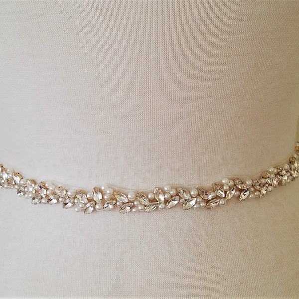 Bridal Sash Belt: 18" Jeweled, Light Gold, Clear Stone, Pearl Wedding Belt