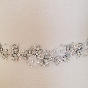 15" long Jeweled Part, Wedding Bridal Sash Belt - Vintage Silver Clear Crystal Opal Pearl Wedding Sash Belt