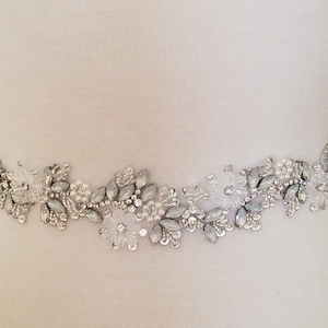Vintage Silver Crystal Pearl Bridal Sash Belt, Jeweled Wedding Dress Belt