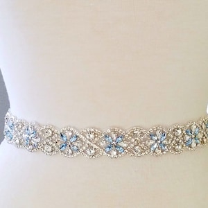 20" Jeweled part, Wedding Belt, Bridal Sash Belt - SILVER Clear Stone & Something Light BLUE Stone Wedding Sash Belt