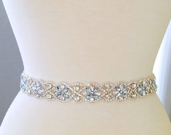 20&quot; Jeweled part, Wedding Belt, Bridal Sash Belt - SILVER Clear Stone & Something Light BLUE Stone Wedding Sash Belt