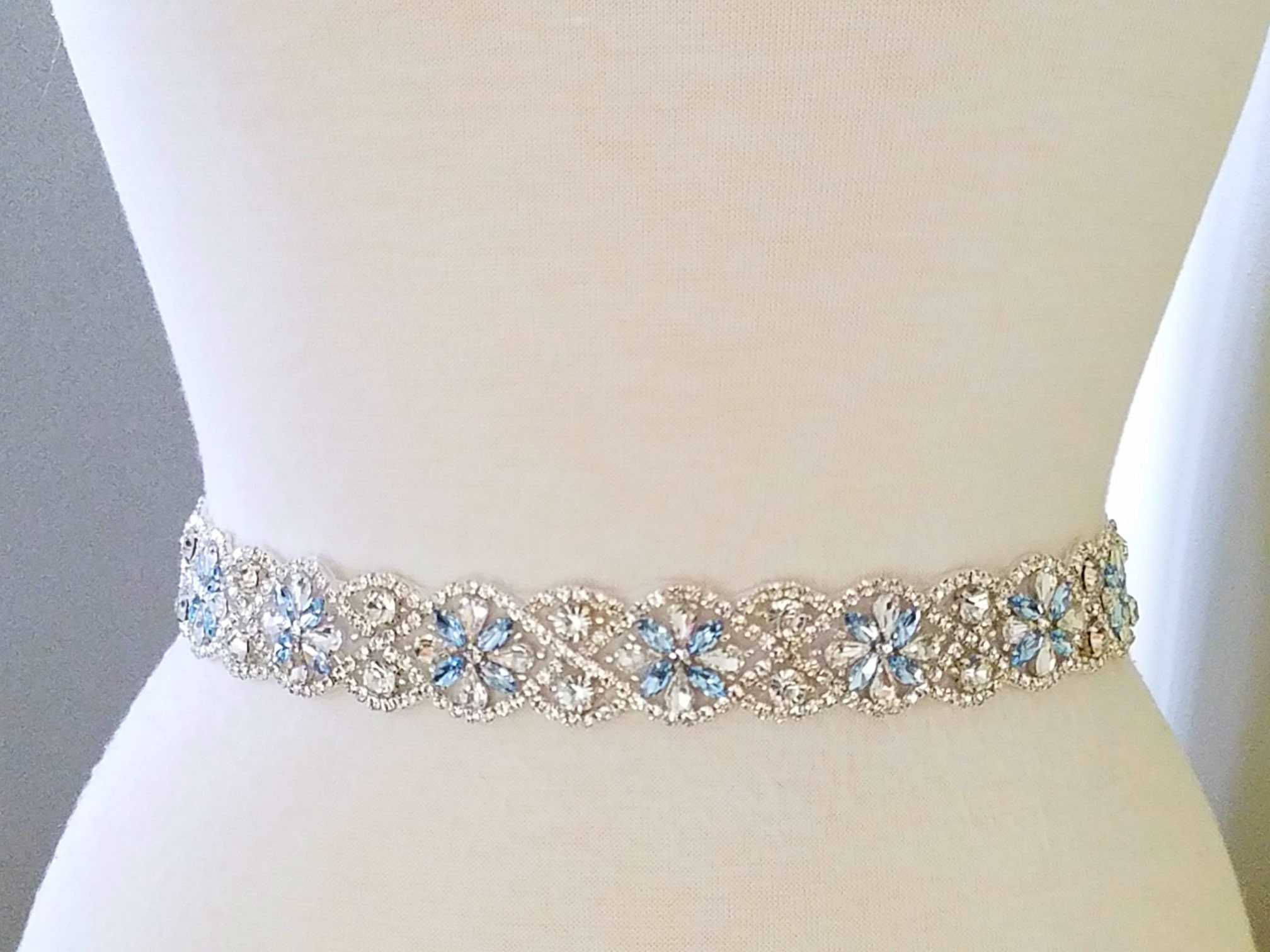 Silver Jeweled Light Blue Clear Stone Sash Belt, 20" Jeweled Trim