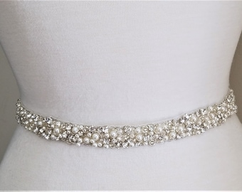 Crystal Pearl Bridal Sash Belt - Silver Wedding Dress Belt (27&quot;)
