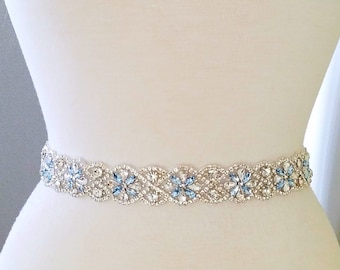 20" Jeweled part, Wedding Belt, Bridal Sash Belt - SILVER Clear Stone & Lucky Light BLUE Stone Wedding Sash Belt