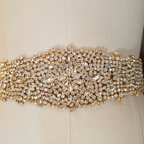 12" long Jeweled Part Wedding Bridal Sash Belt - LIGHT GOLD Clear Rhinestone Wedding Sash Belt = 12" long jeweled part sash belt