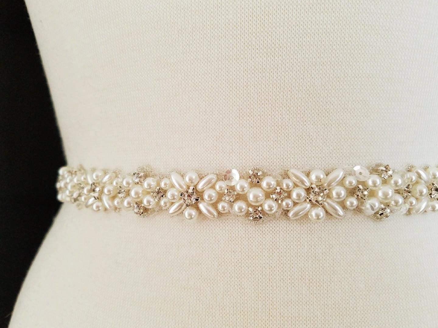 21" Jeweled Bridal Sash Belt - Silver Pearl Clear Rhinestone