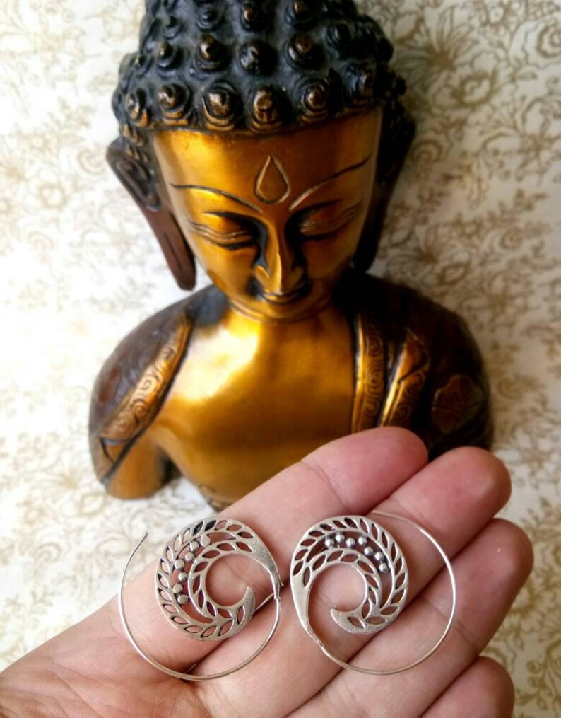 Boho Earrings Festival jewelry hippie Boho chic silver color Ethnic Earrings Gypsy Earrings Tribal Brass Earrings Sprial earrings