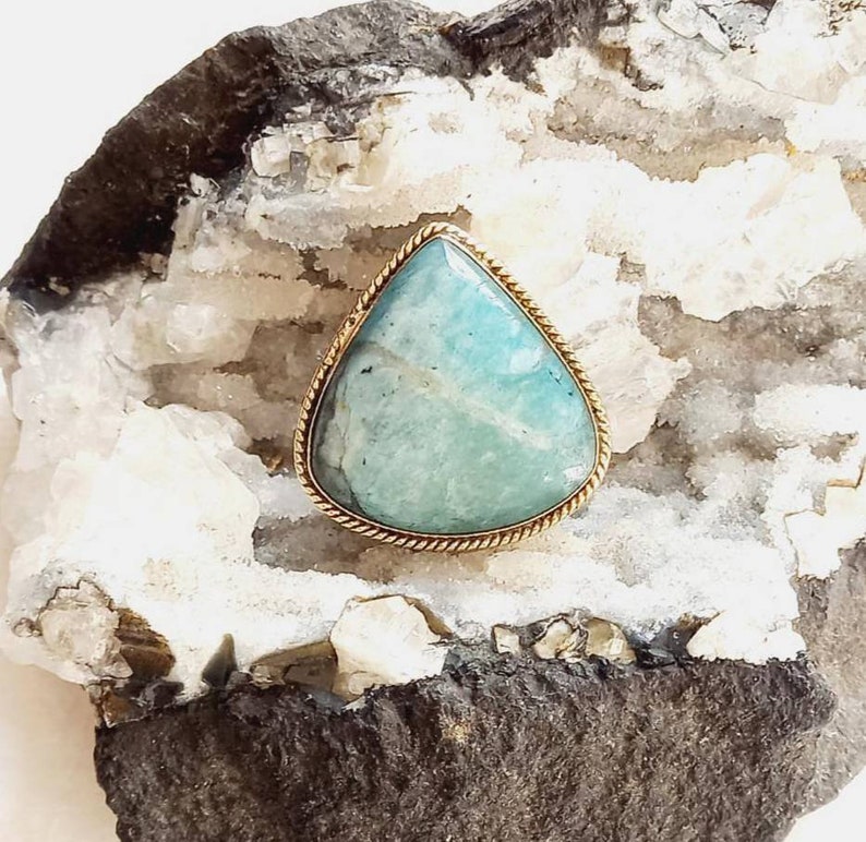 Brass Groove Stone with brass frame for macrame Grooved Amazonite stone macrame stones GS161.8 Natural Amazonite grooved