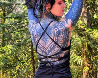 Onyx Lace-Up Back Tank: Black Cotton Women's Tank Top Slim Cut For Smaller Cups