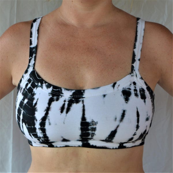 Trinity Bra in Tao Tie Dye by Lotus Tribe with 3 horizontal back straps has no added underband soft fit with light support best for A-C cups
