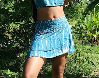 Blauwgroen tie-dye wikkelminirok: zoom met ruches, één maat, rayon