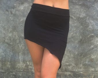 Festival Skirt in Onyx by Lotus Tribe Clothing. Stretchy cotton skirt with asymmetrical hem. Perfect for summer festivals or over leggings.