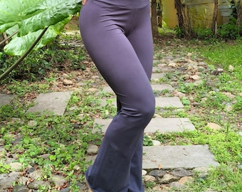 Slate Blue Flared Yoga Pants: Organic Cotton with Lotus Flower Embroidery by Lotus Tribe